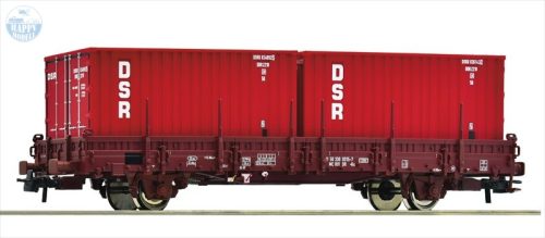 ROCO 6600138 Pőrekocsi konténerrel és rakoncákkal 